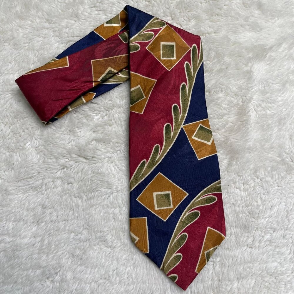 Vintage Oscar de la Renta Men's Blue Red Geometric Print 100% Sik Tie One Size